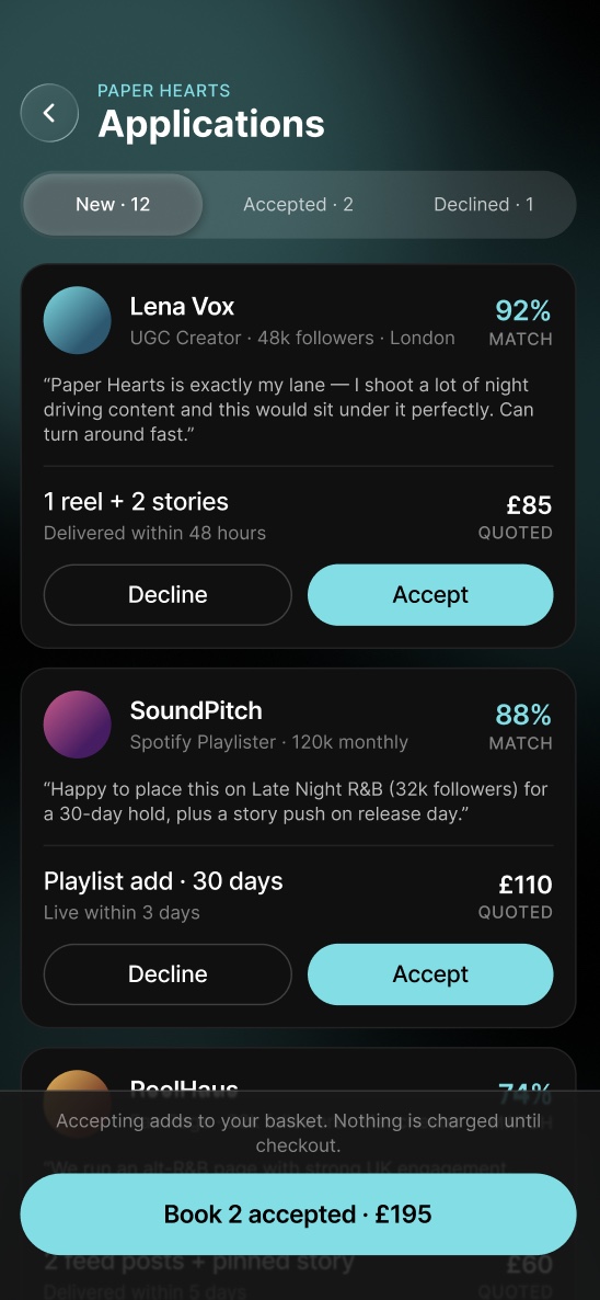 Lyrically app: Applications for Paper Hearts, with match scores, quotes and Accept buttons